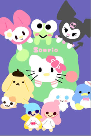 在紫色背景上微笑的Sanrio角色群體 — Hello kitty 美學 GIF 壁紙