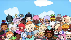 一群多元化的Q版卡通人物在藍天白雲下。 — Toca boca GIF 壁紙
