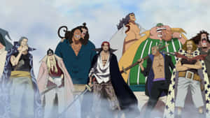 一群動漫海盜，手持劍和獨特服裝，挑釁地站在多雲的天空下。 — 魔獸世界 壁紙