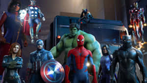 像Hulk、Spider-Man和Iron Man這樣的Marvel超級英雄在高科技城市環境中英勇地擺姿勢。 — 超級英雄 壁紙