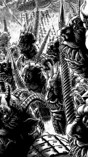 一幅黑白插圖中，一群長角的惡魔生物，氣勢洶洶。 — 塗鴉 壁紙