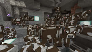 Minecraft洞穴中有許多像素牛、發光方塊和紫色蝴蝶。 — 可愛牛牛 壁紙