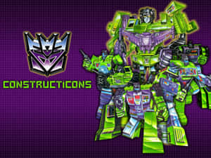 一群綠色和紫色的 Constructicons 機器人，帶有 Decepticon 標誌，背景為紫色網格。 — 機械人 壁紙
