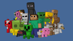Minecraft角色，包括Steve、殭屍、爬行者和動物，以方塊風格呈現。