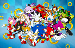 Sonic the Hedgehog和朋友們以金色圓環擺出動作姿勢。 — 精細 壁紙