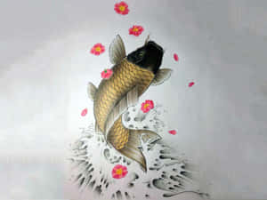 一條錦鯉穿過水花躍起，周圍漂浮著粉紅色的花朵。 — 錦鯉 壁紙