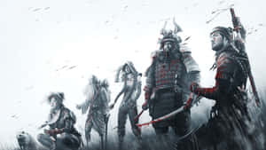 雪地中的戰士，手持染血的劍和小狗 — 武士 壁紙
