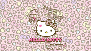 Hello Kitty 卡通角色，帶有蝴蝶結和對話氣泡，心形圖案背景。