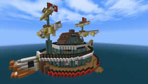 一艘Minecraft海盜船，甲板上有一間房子，漂浮在海洋上。 — 寒冷 壁紙