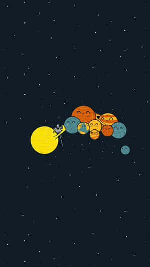 一艘太空船在繁星點點的天空中駛過微笑的卡通行星。 — Astroworld GIF 壁紙