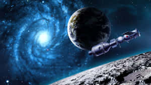 太空站繞地球運行，背景有發光的螺旋星系。