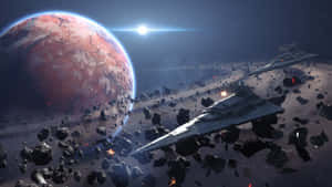 星際毀滅者在太空中紅色行星附近的小行星帶飛行。 — 5120x2880 壁紙