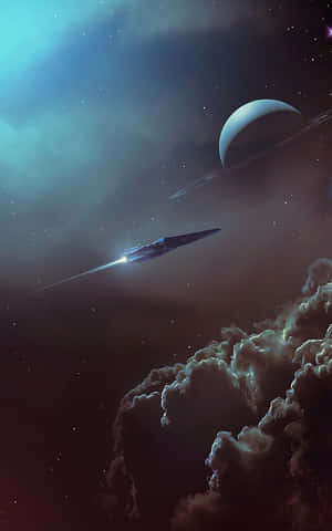 太空船在帶環行星附近穿過宇宙雲層飛行。 — 平板電腦 壁紙