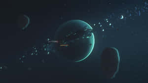 太空船飛過一個被小行星環繞的發光行星。 — iMac 壁紙
