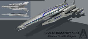 SSV Normandy SR3隱形護衛艦的詳細3D模型，附有技術示意圖。 — 超寬螢幕 壁紙