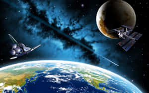 太空船和太空站在星雲中繞地球和月球運行。 — 太空美學 GIF 壁紙