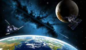 未來太空船和太空站繞地球和月球運行，在繁星點點的星雲中。 — 外太空 壁紙