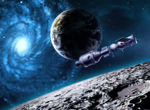 太空船繞月球運行，地球和螺旋星系在背景中 — 天空景觀 壁紙