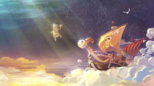海盜船在星空下穿過雲層航行，發光身影漂浮