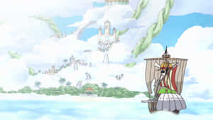 海盜船穿過雲層駛向一個有城堡和棕櫚樹的浮島。 — 天空美學 壁紙