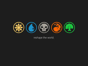 五個發光的元素圖標 太陽 水 頭骨 火 樹 在黑色背景上，帶有文字 reshape the world。 — 魔法 GIF 壁紙