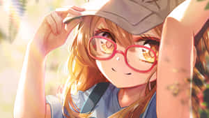 戴紅色眼鏡和帽子的動漫女孩在陽光照射的樹葉中微笑。 — Studio Display 壁紙