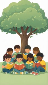 孩子們在草地上的一棵大樹下閱讀書籍。