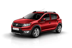 白色反光攝影棚地板上的紅色Dacia Sandero Stepway SUV。 — MacBook 壁紙