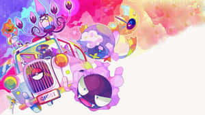 一輛鬼車，在色彩繽紛的動漫場景中有卡通生物。 — 可愛寵物小精靈 壁紙