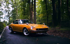 橙色經典跑車停泊在森林道路上。 — MacBook Pro M1 壁紙