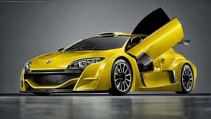 黃色雷諾 MEGANE R.S. 250 概念車，剪刀門打開，在攝影棚中。 — 美學黃色 壁紙