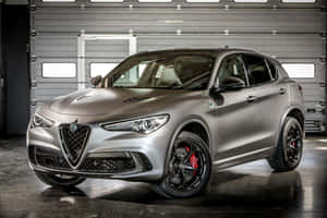 在乾淨的工業車庫中，一輛啞光銀色 Alfa Romeo SUV 配備紅色制動器。 — MacBook Air 13 壁紙