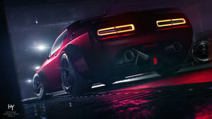 紅色Dodge Challenger Demon跑車在黑暗的攝影棚中，尾燈發光。 — 鬼滅之刃面具 壁紙
