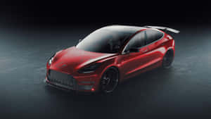 紅色Tesla Model 3性能車，配有後擾流板，在黑暗的攝影棚地板上。 — 酷車 壁紙