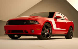 紅色福特野馬Shelby GT500帶有白色賽車條紋，在工作室環境中。 — Steam Deck 壁紙