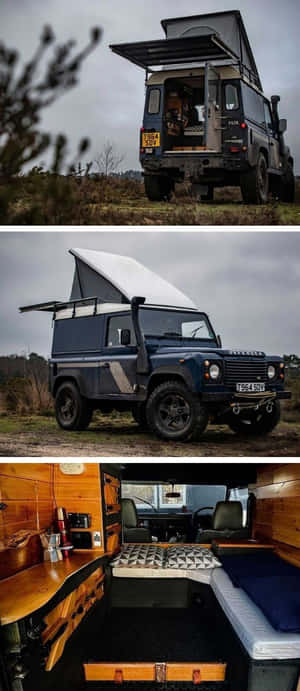 藍色 Land Rover Defender 配備車頂帳篷和木質內飾的露營設置。 — Redmi A7 壁紙