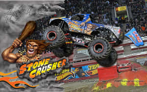 怪獸卡車 Stone Crusher 在空中越過被壓碎的汽車，吉祥物在體育場活動中手持球棒。