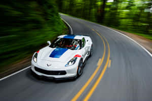 白色Corvette賽車在樹木模糊的森林道路上疾馳。 — MacBook Air M2 壁紙