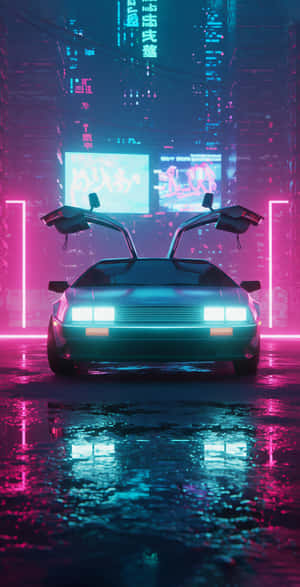 青綠色DeLorean，車門打開，在濕街上，霓虹燈下，未來城市 — 未來風格動態圖 壁紙