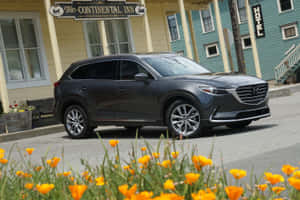 深灰色Mazda CX-9 SUV停在一間復古旅館前，前景有橙色罌粟花。 — Surface Pro 壁紙