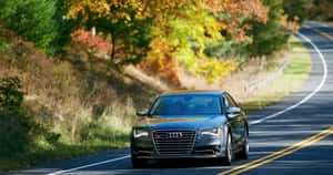 一輛銀色奧迪轎車在彎曲的道路上行駛，周圍是秋天的樹木。 — Audi R8 GIF 壁紙