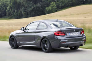 灰色BMW M2雙門跑車在鄉間道路上行駛，有金色田野和樹木。 — Surface Pro 壁紙