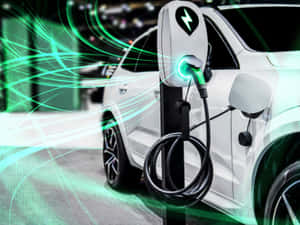 白色電動車連接到充電站，帶有發光的綠色能量線。 — 酷車 壁紙