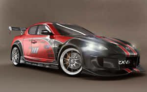 紅黑配色萬事得RX-8賽車，帶有贊助商貼紙和發光車頭燈。 — Steam Deck OLED 壁紙
