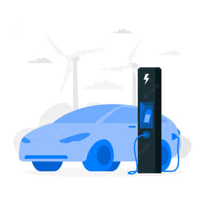 藍色電動車連接到充電站，背景有風力發電機。 — iPad Air 11 壁紙