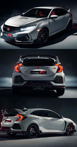 銀色本田Civic Type R跑車從前、後、側面角度在工作室燈光下展示。 — Pixel Fold 壁紙