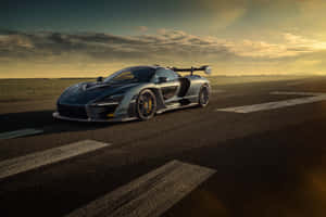 銀色McLaren Senna跑車在黃金時刻的跑道上打開車門。