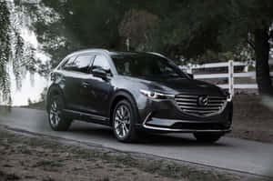 黑色Mazda CX-9 SUV在鋪砌的道路上，周圍環繞著樹木和白色柵欄。 — Surface Laptop 壁紙