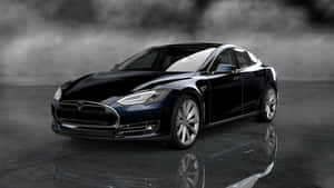 在帶有反光地板的霧氣影樓中的黑色Tesla Model S電動車。 — Tesla GIF 壁紙