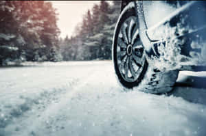 汽車輪胎在冬季雪地森林道路上行駛 — 3:2 壁紙